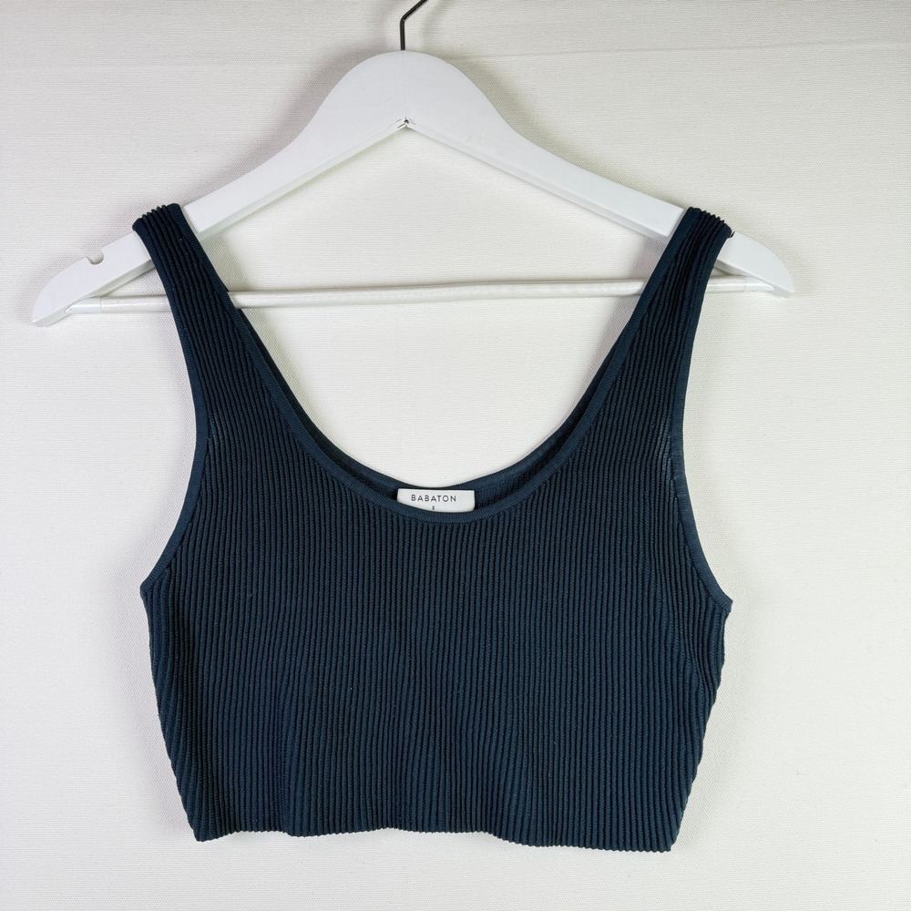 BABATON Dark Blue Ribbed Knit Scoop Neck Crop‎ Top Small